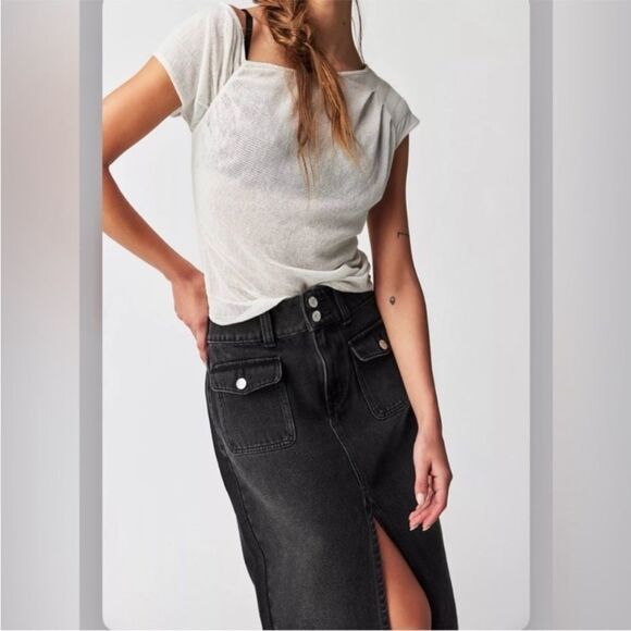 NWOT We The Free × Free People Madison Denim Midi Skirt In Black Size 25 - Picture 3 of 12